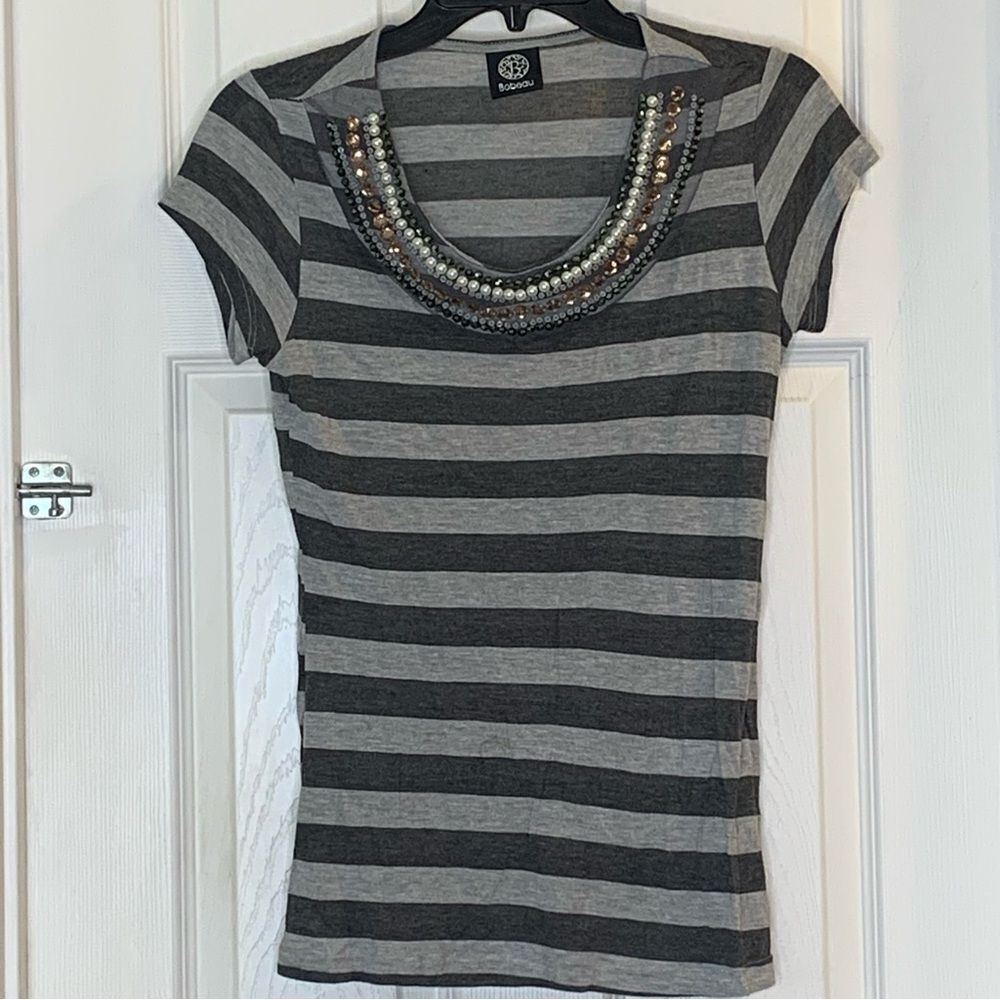Bobeau Striped Top Beaded Neckline Size Small